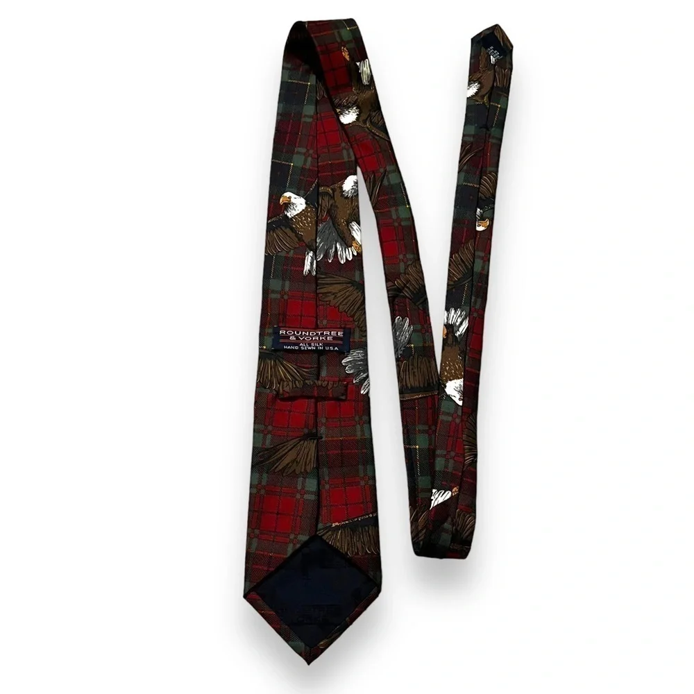 VTG Silk Tie Bald Eagle Novelty Print Red Green Plaid Background USA Patriotic